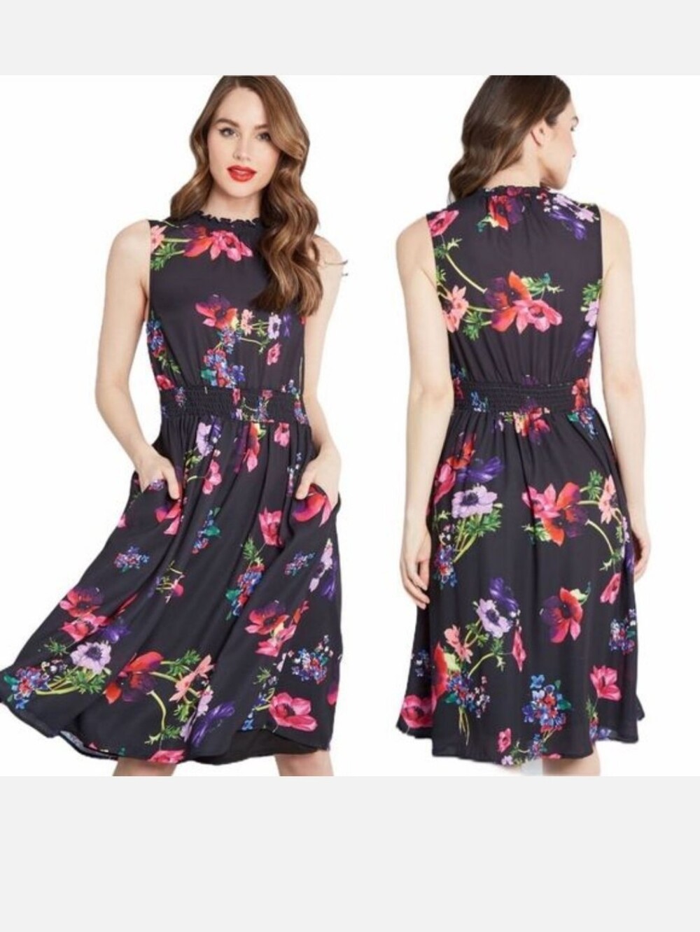 Modcloth Floral Black Dress with Pink & Purple Blooms